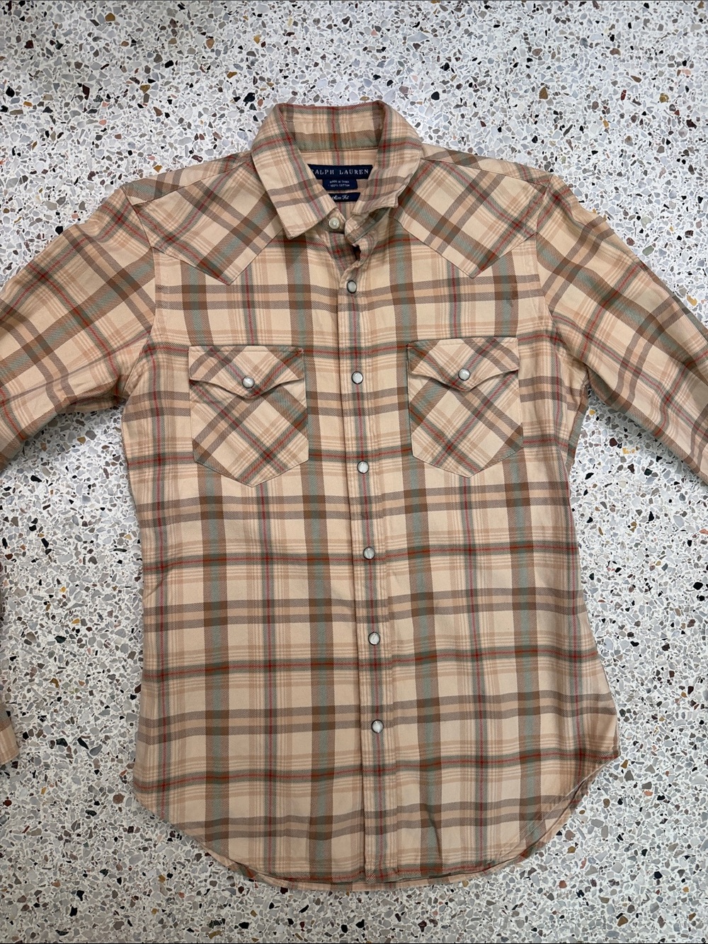 Ralph Lauren tan plaid 100% cotton pearl snap front button up down 2 slim fit